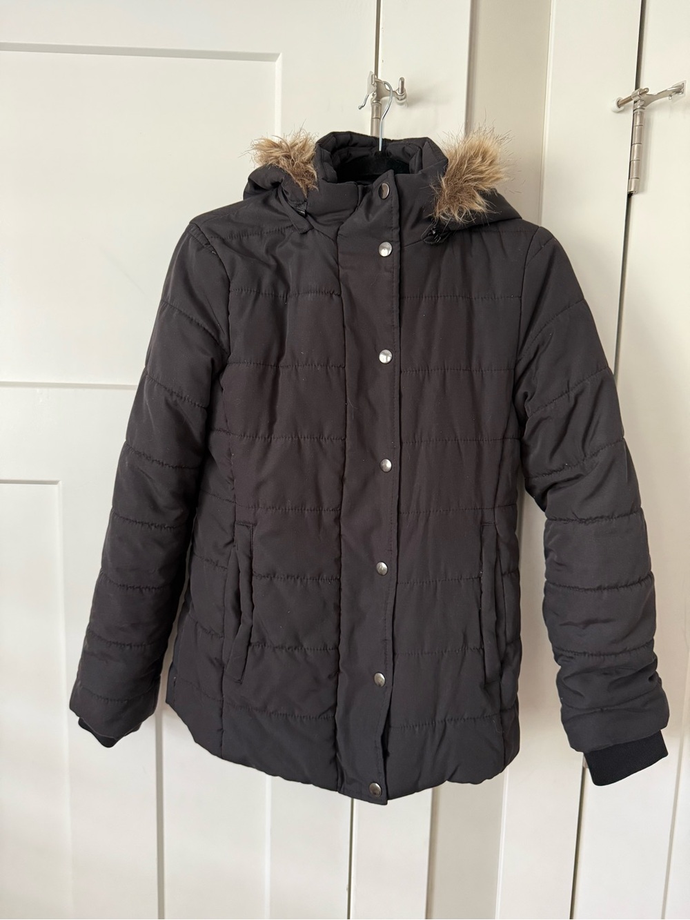 St. John's Bay Black Quilted Puffer with Faux Fur-Trimmed Hood